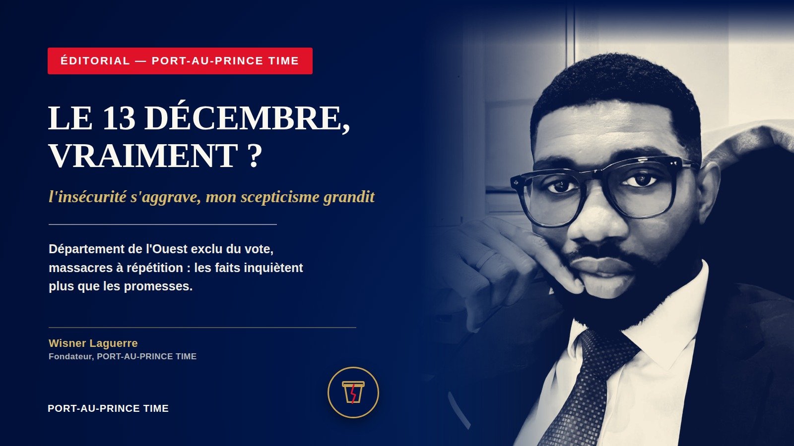 Illustration éditoriale : une urne électorale fissurée d'où s'échappent des bulletins, surmontée d'un signal d'alerte, sur fond bleu nuit — symbole du doute qui pèse sur la tenue du scrutin du 13 décembre.