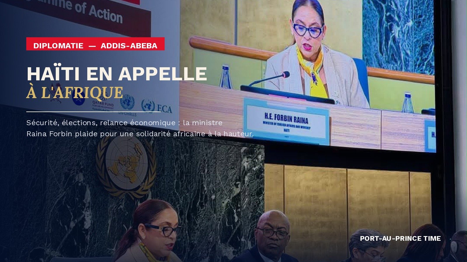 La ministre haïtienne des Affaires étrangères Raina Forbin s'exprimant à la tribune lors d'une conférence à Addis-Abeba, en Éthiopie.