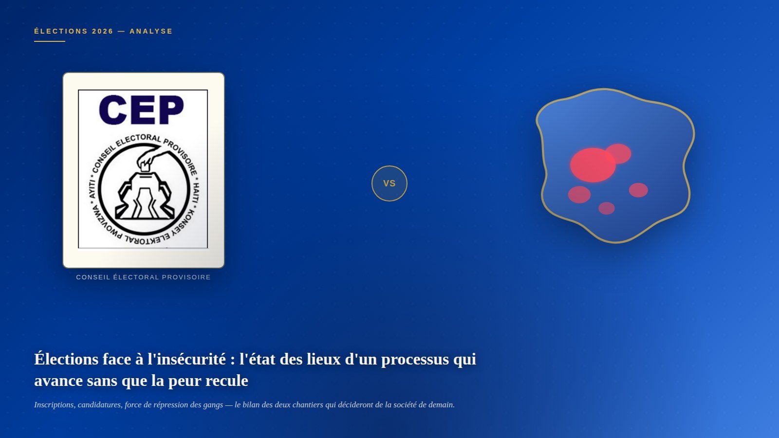 Montage : le logo officiel du Conseil électoral provisoire (CEP) d'Haïti, face à une carte stylisée du pays dont plusieurs zones sont teintées de rouge, symbolisant l'affrontement entre le processus électoral et l'emprise persistante des gangs.