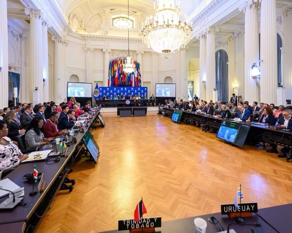 Vue d'ensemble d'une grande salle de réunion hémisphérique, drapeaux des pays des Amériques alignés, délégations assises derrière des pupitres marqués du nom de leur pays.