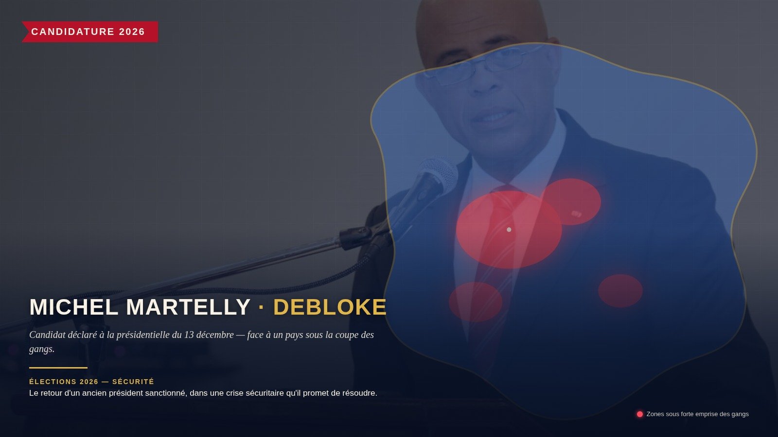 Montage photo : Michel Martelly s'exprimant à un pupitre, superposé à une carte stylisée d'Haïti dont de larges zones sont teintées de rouge pour signaler l'emprise des gangs sur le territoire.