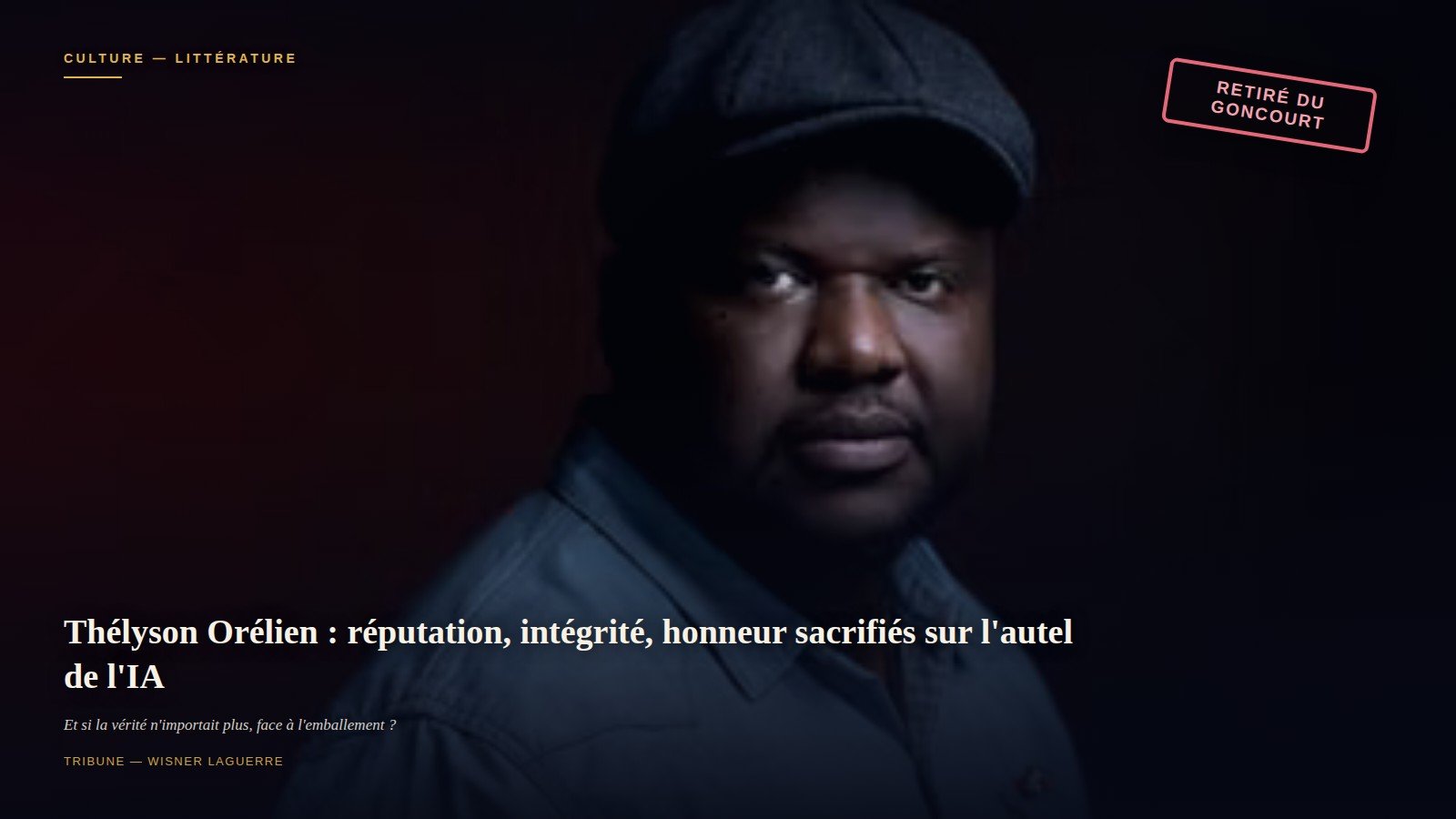 Portrait de l'écrivain haïtien Thélyson Orélien, casquette et chemise en jean, sur fond sombre, avec un tampon « Retiré du Goncourt » en surimpression.